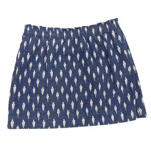 J. Crew Blue White Printed Mini Skirt 14 Linen Cotton Elastic Waist Coastal Boho